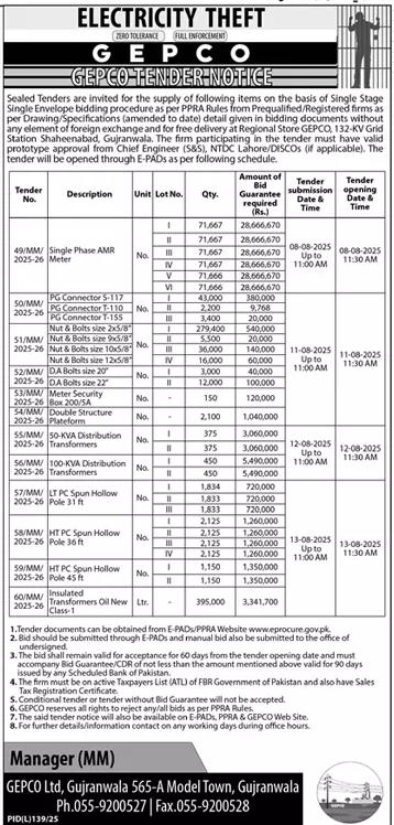 GEPCO Gujranwala Tender Notice